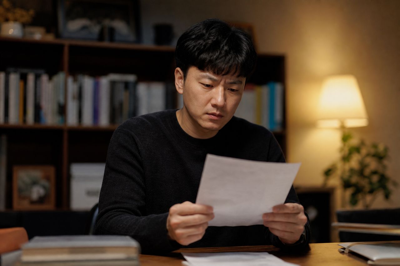 편의점 알바 중 취객 손님한테 맞았는데 사장이 '그냥 넘어가자' 했다 — 참교육 요구하다 사장과 갈등, 산재·형사고소 동시에 가능한 조건과 증거 수집 순서 관련 상황을 보여주는 이미지 — 서류를 검토하는 모습